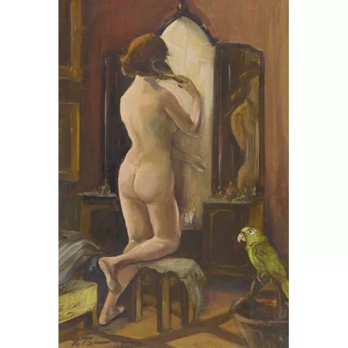 Robert Baumberger — Unbekleidete Dame bei der Toilette mit Amazonen-Papagei.