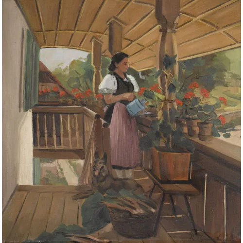 Robert Baumberger — Trachtenfrau beim Blumengiessen.