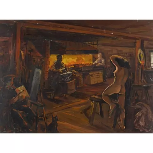Schmiede mit weiblichem Akt und Maler