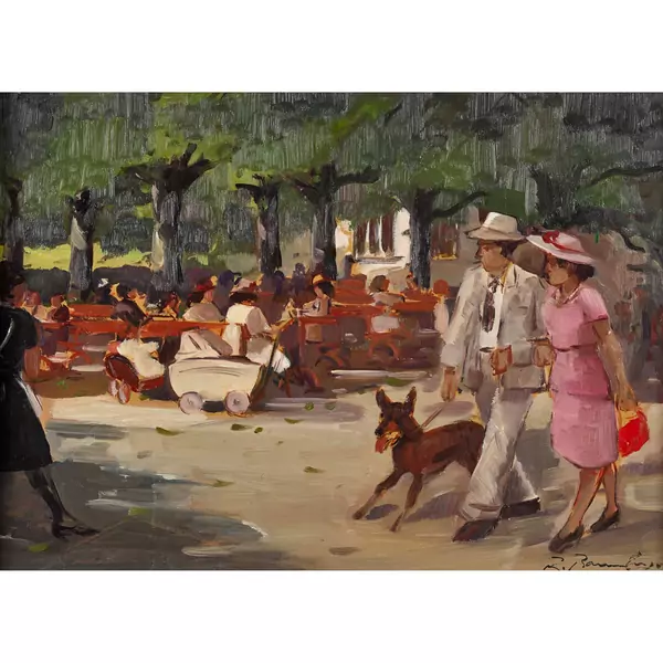 Sommerlicher Stadtpark mit Paar und Hund