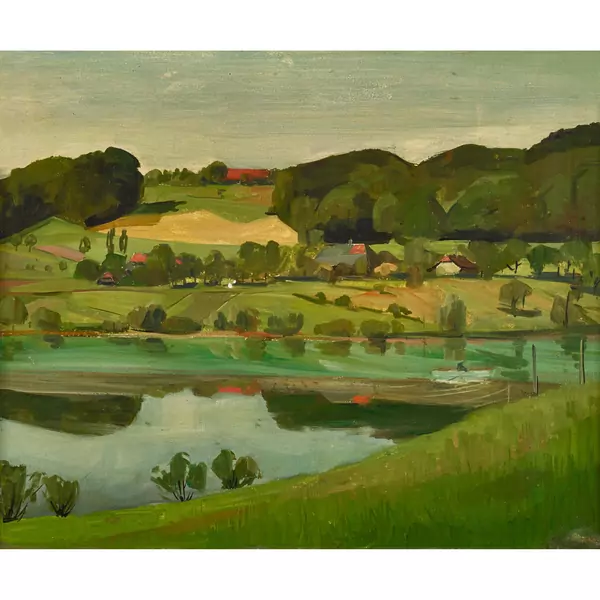 Hügelige Landschaft mit Fluss