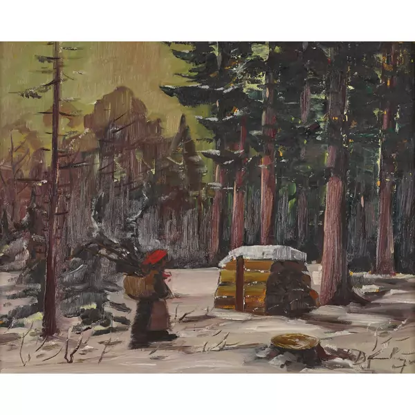 Winterliche Waldlandschaft mit Reisigsammlerin