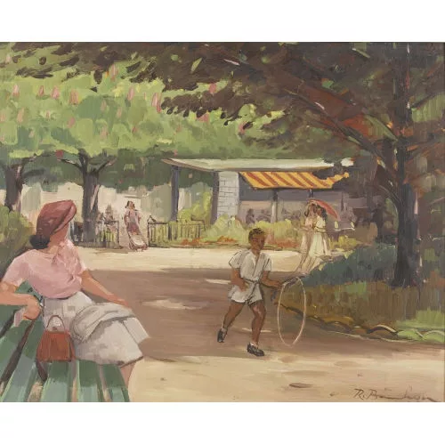 Robert Baumberger — Belebte Parkszene mit spielendem Kind.