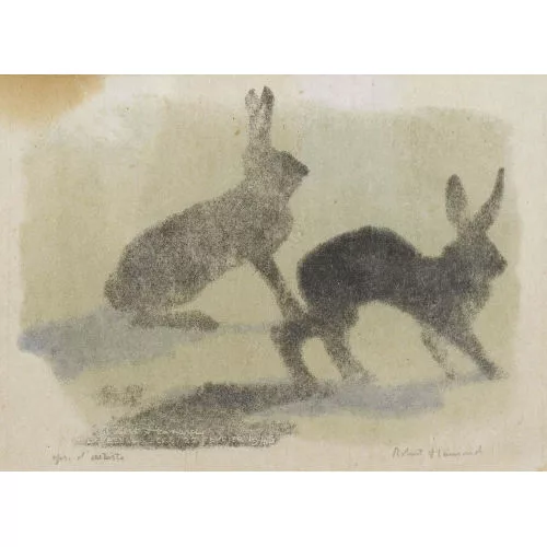 Robert Hainard — "Deux lièvres au clair de lune, sur la neige".