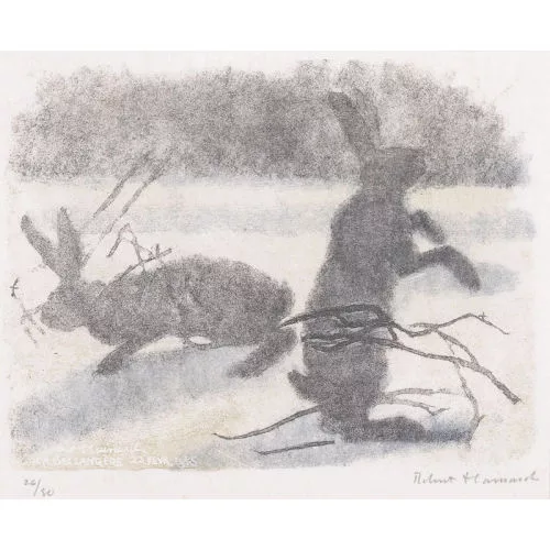 Robert Hainard — "Lièvres au clair de lune, l′un dressé".