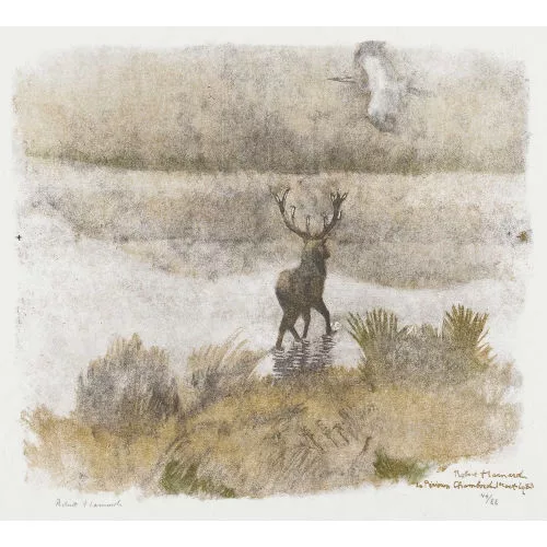Robert Hainard — "Cerf et héron dans le brouillard".