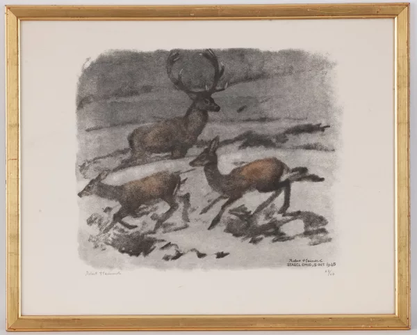 Robert Hainard — Cerf et biches dans la pénombre, Stabel Chod, 5 oct. 1945,