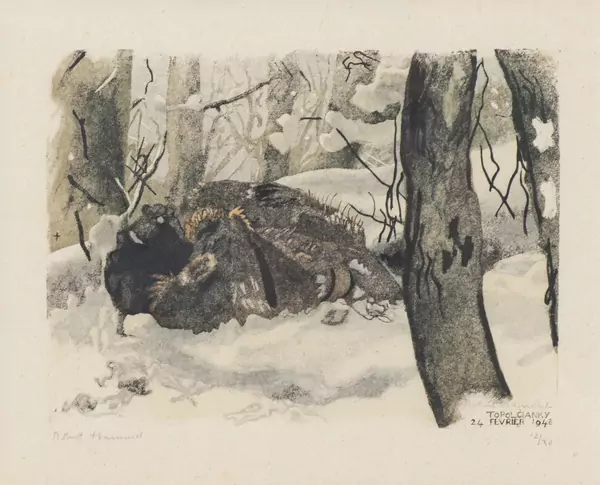 Robert HAINARD (1906-1999), "Sangliers à la bauge", Gravure sur bois — DognyAuction
