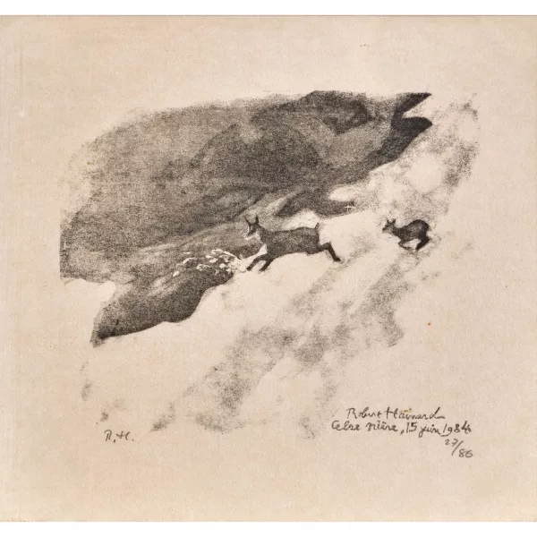 Robert Hainard — "Chamois et son petit sur un névé".