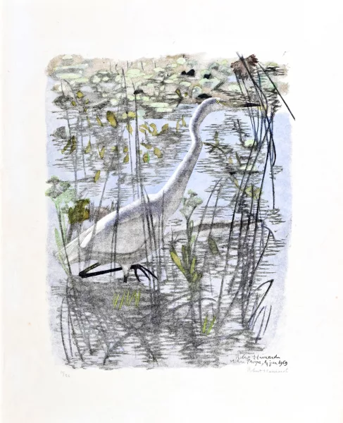 Robert Hainard — 4 Blätter: Grande Aigrette, 1969; La Fissure, 1964; Cerfs axis, 1977; Huppe s’envolant, 1972
