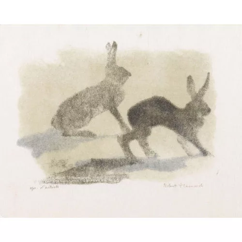 Robert Hainard — "Deux lièvres au clair de lune, sur la neige".