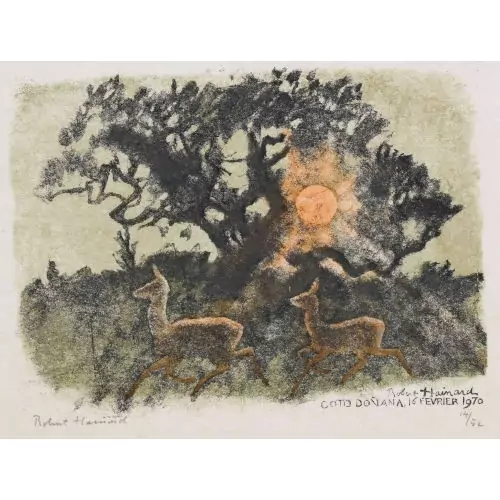 "Soleil levant, biche et faon"