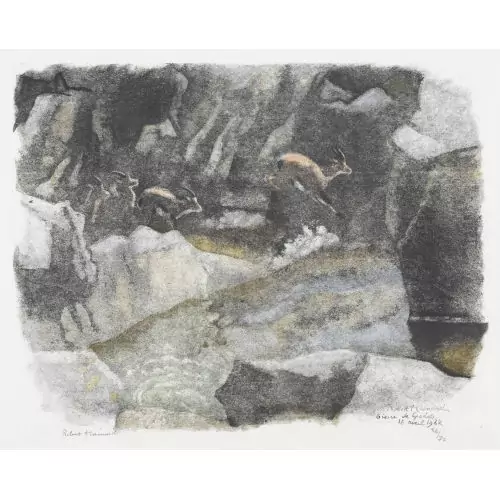"Bouquetins d′Espagne sautant le torrent"