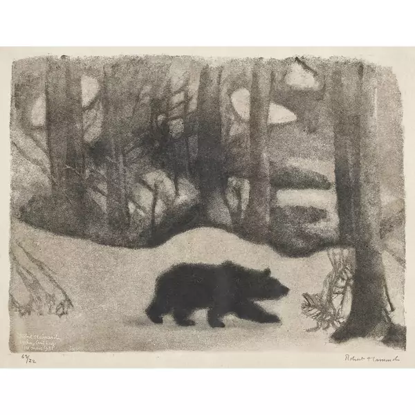 "Ours au premier quartier, sur la neige"