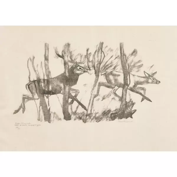 "Cerf poursuivant une biche"