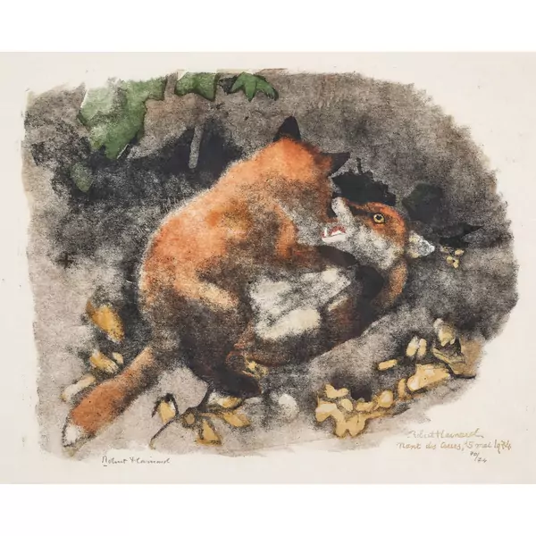 "Deux renardeaux jouant à l'entrée du terrier"