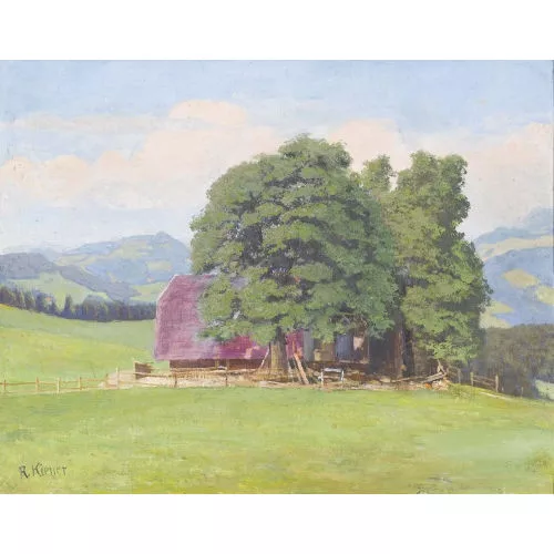 Robert Kiener — Sonnige Landschaft mit Bauernhof und Bäumen.