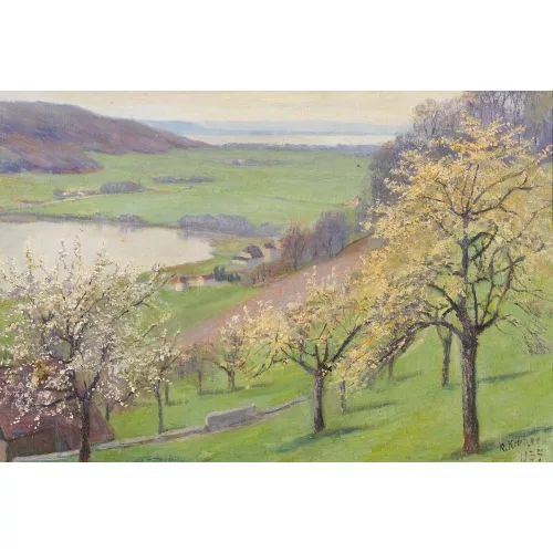 Robert Kiener — Frühlingslandschaft mit Obstbäumen.