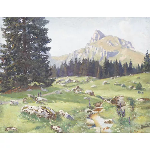 Robert Kiener — Sonnige Gebirgspartie mit Gantrisch.