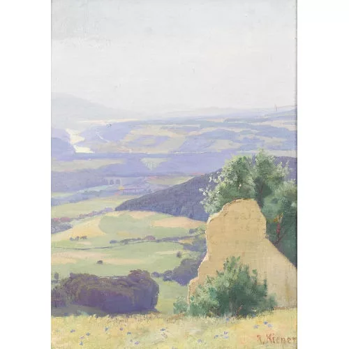 Robert Kiener — Sommerliche Flusslandschaft mit Brücke.