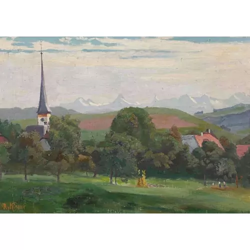 Sommerliche Ansicht von Bolligen und die Berner Alpen