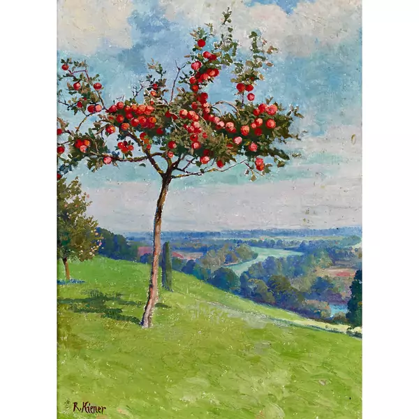 Apfelbaum vor Flusslandschaft