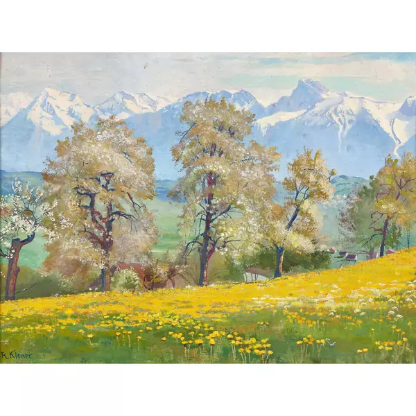 Frühlingslandschaft mit Blick auf die Berner Alpen
