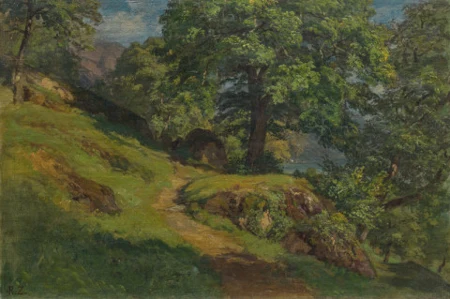 Landschaft mit Bäumen und Vierwaldstättersee im Hintergrund