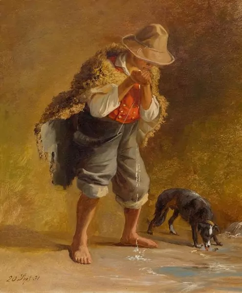 ROBERT ZÜND — Shepherd with herding dog at a well. 1851. — Koller Auktionen