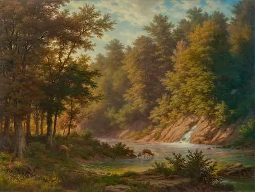 ROBERT ZÜND — Waldlandschaft mit Rehen am Fluss. — Koller Auktionen