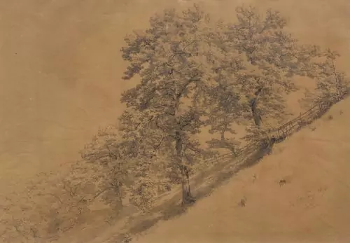 ZÜND, ROBERT — Trees on a hillside casting their shadows, with a lake in the background. 1857. — Koller Auktionen