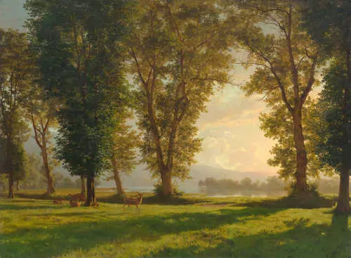 ROBERT ZÜND — A wooded landscape with stag and deer. — Koller Auktionen