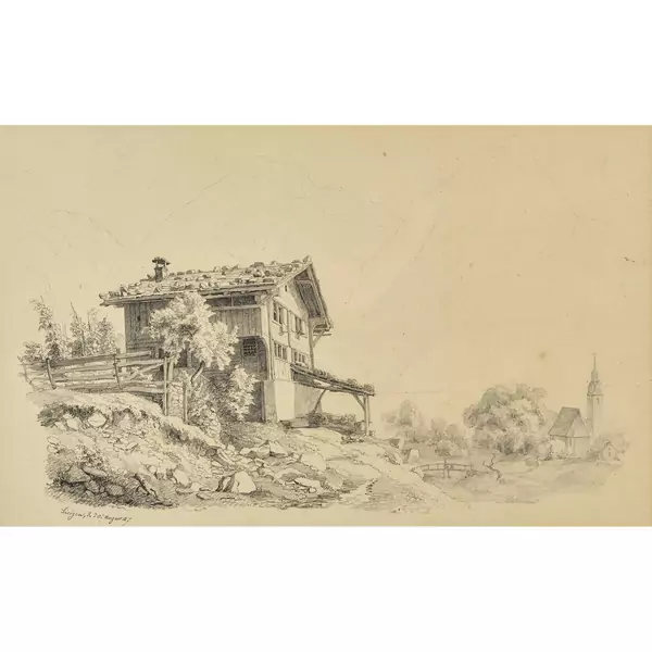 "Bauernhaus und Kirche ob See"