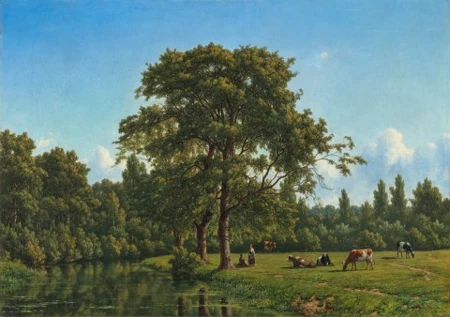 Flusslandschaft mit weidenden Kühen
