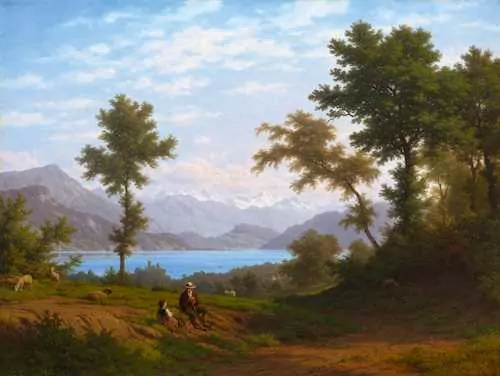 ROBERT ZÜND — Lake Lucerne landscape with resting hiker and girl. — Koller Auktionen