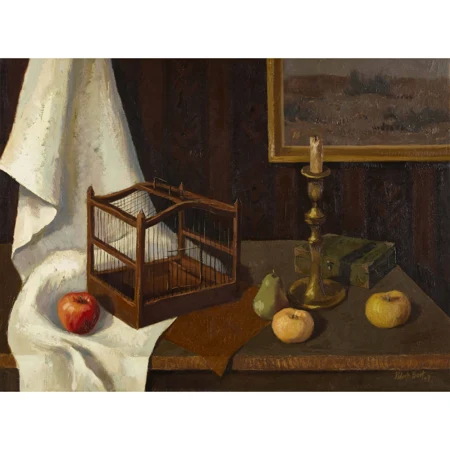 Stillleben mit Vogelkäfig, Kernobst und Kerzenstock