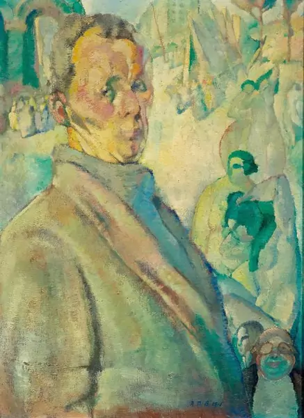 BOSSHARD, RODOLPHE THEOPHILE — Self─portrait with figures in the background. 1915. — Koller Auktionen