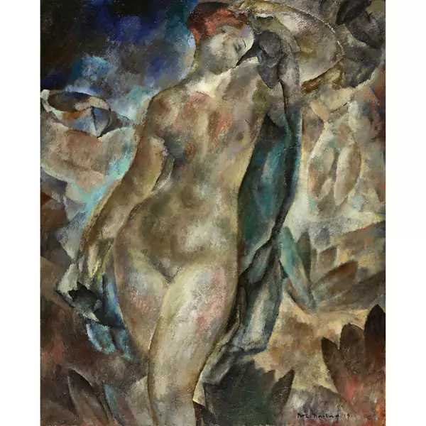 "Femme dans le vent (Nu à la draperie bleue)"