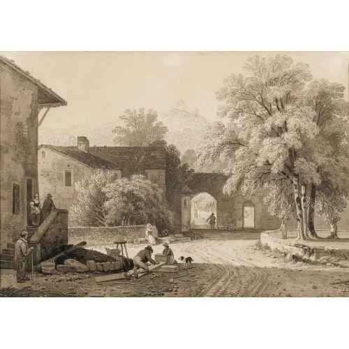 Rodolphe Töpffer — Dorfszene mit Handwerkern bei der Arbeit.