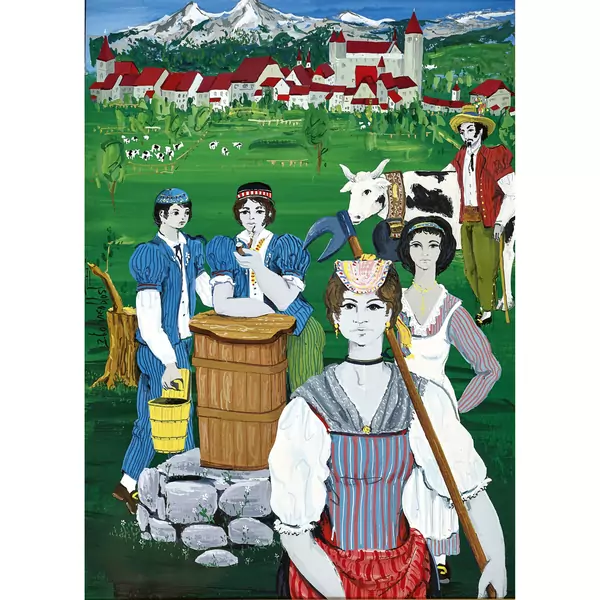 Sieben Fribourger Trachtenszenen (Bezirke Broye, Glane, Greyerz, Saane, See, Sense, Vivisbach)