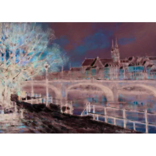 Roger Delapierre — Mittlere Rheinbrücke und Basler Münster im Winter.