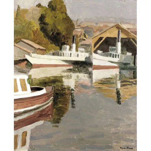 Roger Fiaux — Seeuferpartie mit Bootswerft.