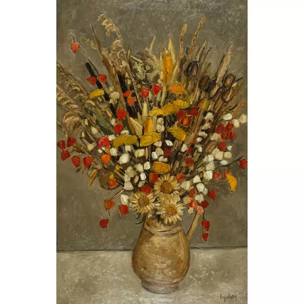 Trockenblumenstrauss in Henkelvase