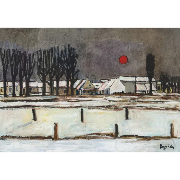 Roger Kathy — Verschneites Dorf unter rotem Vollmond.