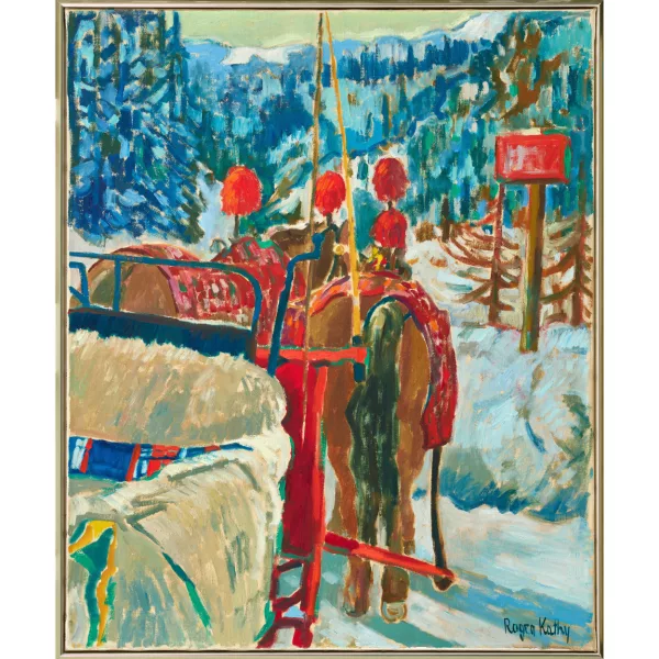 Roger Kathy — "Pferdekutsche im schneebedeckten St. Moritz".