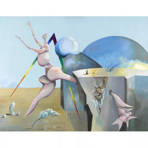 Roland Bugnon — Surreale Komposition mit Gliedmassen in Wüstenlandschaft.