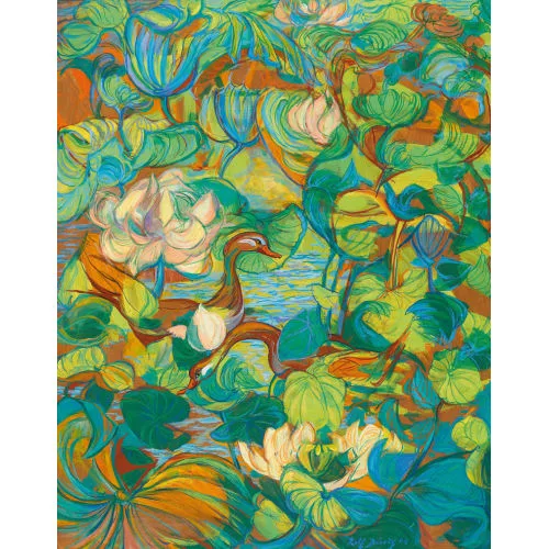 Rolf Dürig — Teich mit Seerosen und Entenpaar.