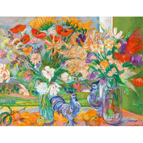Rolf Dürig — Stillleben mit Blumen und Hühnern.