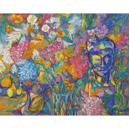 Komposition mit Blumen und asiatischer Büste