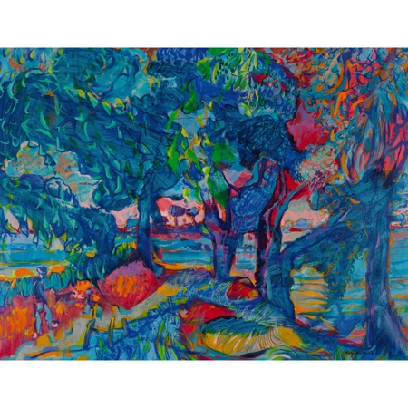 Bunte Landschaft mit Mann und Hund